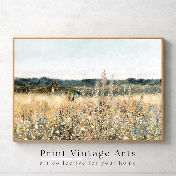 Printable Wildflower Field Landscape Oil Painting, Vintage Farm House, Printable Art Digital Download, Country Field Landscape Oil Painting