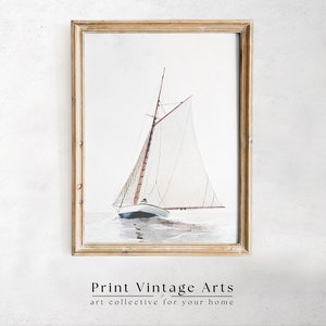 Printable Antique Lake House Painting, Vintage SailBoat Print, Muted Sailboat Wall Art Digital Download, Neutral Watercolor Art Print