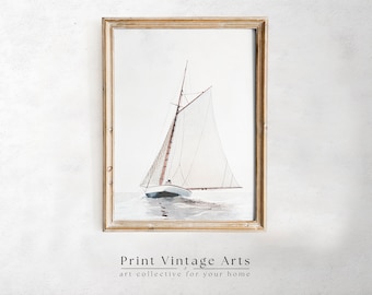 Printable Antique Lake House Painting, Vintage SailBoat Print, Muted Sailboat Wall Art Digital Download, Neutral Watercolor Art Print