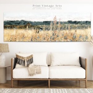 Printable Wildflower Field Landscape Oil Painting, Vintage Farm House, Printable Art Digital Download, Country Field Landscape, 24X72, 24X48