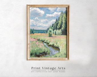 Printable Spring Meadow Oil Painting, Vintage Spring Wildflower Field Print, Spring Wall Art Digital Download, Spring Landscape Art Print