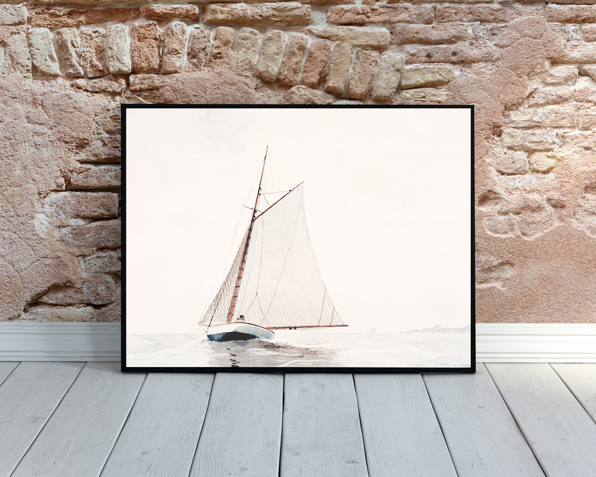 Printable Muted Sailboat Painting, Vintage Seascape Neutral Wall Art ...