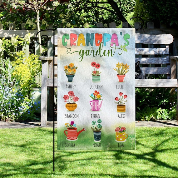 Personalized Grandpa&#39;s Garden Yard Flag, Custom Grandkids Name Colorful Flowers Flag, Gift For Grandpa, Dad&#39;s Garden Flag, Fathers Day Gift