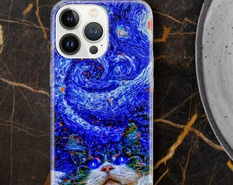 Funda para teléfono estilo Van Gogh Galaxy Cat para iPhone 16e, 15, 14, 13, 12, 11, Google Pixel 9 Pro, 8, 7A, Samsung S25 edge, S24 FE, A71, A36