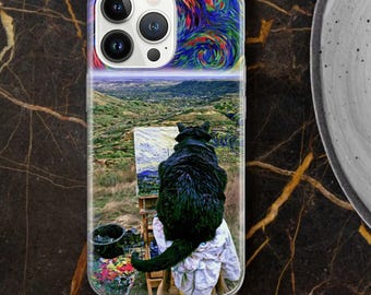 Funda para teléfono estilo Van Gogh con diseño de gato artista para iPhone 16e, 15, 14, 13, 12, 11, Google Pixel 9 Pro, 8, 7A, Samsung S25 edge, S24 FE, A71, A36