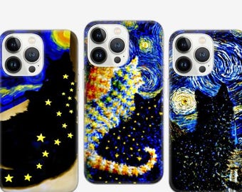 Funda para teléfono con diseño de gato estrellado y cielo arremolinado para iPhone 16e, 15, 14, 13, 12, 11, Google Pixel 9 Pro, 8, 7A, Samsung S25 edge, S24 FE, A71, A36