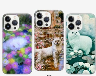 Funda para teléfono estilo Monet con diseño de gato blanco para iPhone 16e, 15, 14, 13, 12, 11, Google Pixel 9 Pro, 8, 7A, Samsung S25 edge, S24 FE, A71, A36