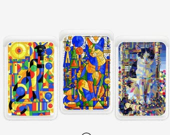 Cartera MagSafe universal estilo Kandinsky: talla única para todos los modelos de iPhone con diseño abstracto de gato y tarjetero magnético delgado.