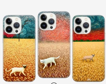 Funda para teléfono estilo Van Gogh con diseño de gato blanco para iPhone 17, 16, 15, 14, 13, 12, Google Pixel 9 Pro, 8, 7A, Samsung S25 edge, S24 FE, A71, A36