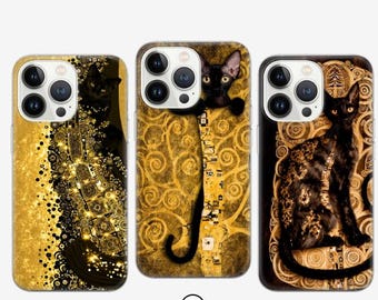 Funda para teléfono estilo Klimt con diseño de gato negro para iPhone 17, 16, 15, 14, 13, 12, Google Pixel 9 Pro, 8, 7A, Samsung S25 edge, S24 FE, A71, A36