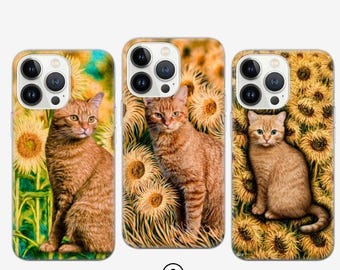 Funda para teléfono con diseño de gato girasol y gato atigrado naranja para iPhone 16e, 15, 14, 13, 12, 11, Google Pixel 9 Pro, 8, 7A, Samsung S25 edge, S24 FE, A71, A3