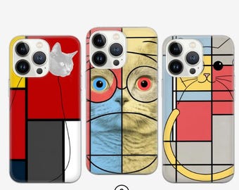Funda para teléfono estilo Piet Mondrian, retrato de gato, cubierta para iPhone 16e, 15, 14, 13, 12, 11, Google Pixel 9 Pro, 8, 7A, Samsung S25 edge, S24 FE,