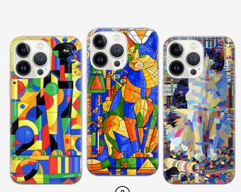 Funda para teléfono estilo Kandinsky, cubierta abstracta de gato para iPhone 16e, 15, 14, 13, 12, 11, Google Pixel 9 Pro, 8, 7A, Samsung S25 edge, S24 FE, A71,