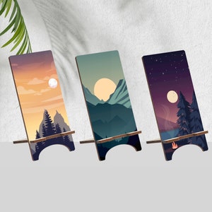 Mountain Wood Phone Stand, Outdoor Holder for iPhone 14 13 12 11 Pro Max, Samsung S23 S22 S21, Pixel 7A Pro 6A