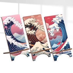 Kanagawa Wood Phone Stand, Japanese Holder for iPhone 14 13 12 11 Pro Max, Samsung S23 S22 S21, Pixel 7A Pro 6A
