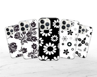 Coque noire à fleurs pour téléphone, blanc foncé, adaptée pour iPhone 15 Pro Max, 14 Plus, 13, 12, 11, XR, XS et Samsung S23, S22, A54, A53, Pixel 8, 7