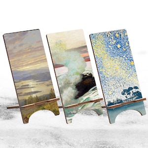 Art Wood Phone Stand, Landscape painting Holder for iPhone 14 13 12 11 Pro Max, Samsung S23 S22 S21, Pixel 7A Pro 6A