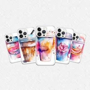 May include: Five white phone cases with watercolor designs of coffee cups. Each case features a different cup design, with colors including pink, brown, blue, purple, and orange. The cases have a glossy finish and are arranged in a row.