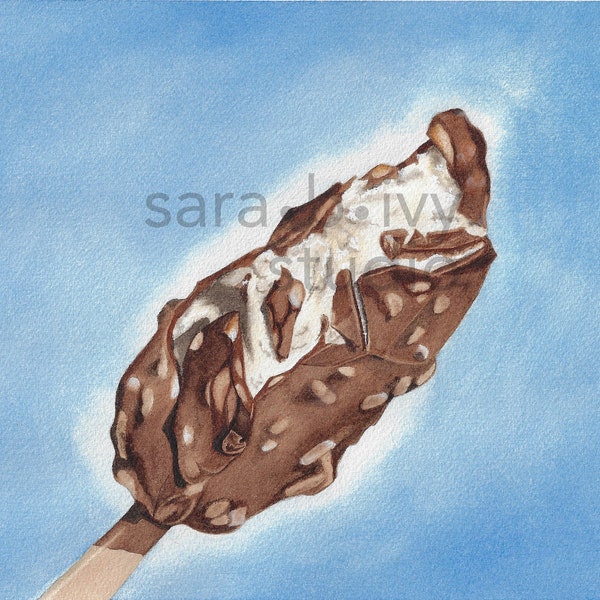 Chocolate Coated Ice Cream Bar Limited Edition Watercolor Fine Art Print | Frozen Novelty Dessert Giclee Watercolour Print by Sara B. Ivy