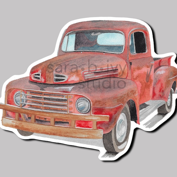 Rusted Truck Watercolor Sticker, Red Antique Ford Pickup Vinyl Decal, Laminated Peel & Stick Decoration for Smart Phone Case, Tablet, Laptop