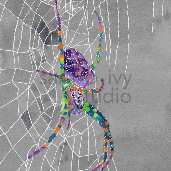 Day-Glo Spider in Web Original Watercolor Painting, 9x12 Halloween Artwork, Pop Art Arachnid, Eight-Legged Spinner Painted by Sara B. Ivy