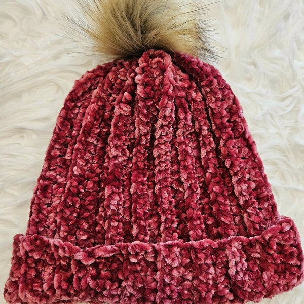 Womens Pompom Velvet Beanie | Teenage/Adult Luxurious Winter Hat | Faux Fur Pompom Ladies Toque