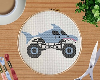 Shark Monster Truck Cross Stitch Pattern