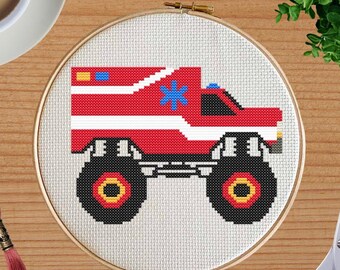 Ambulance Monster Truck Cross Stitch Pattern