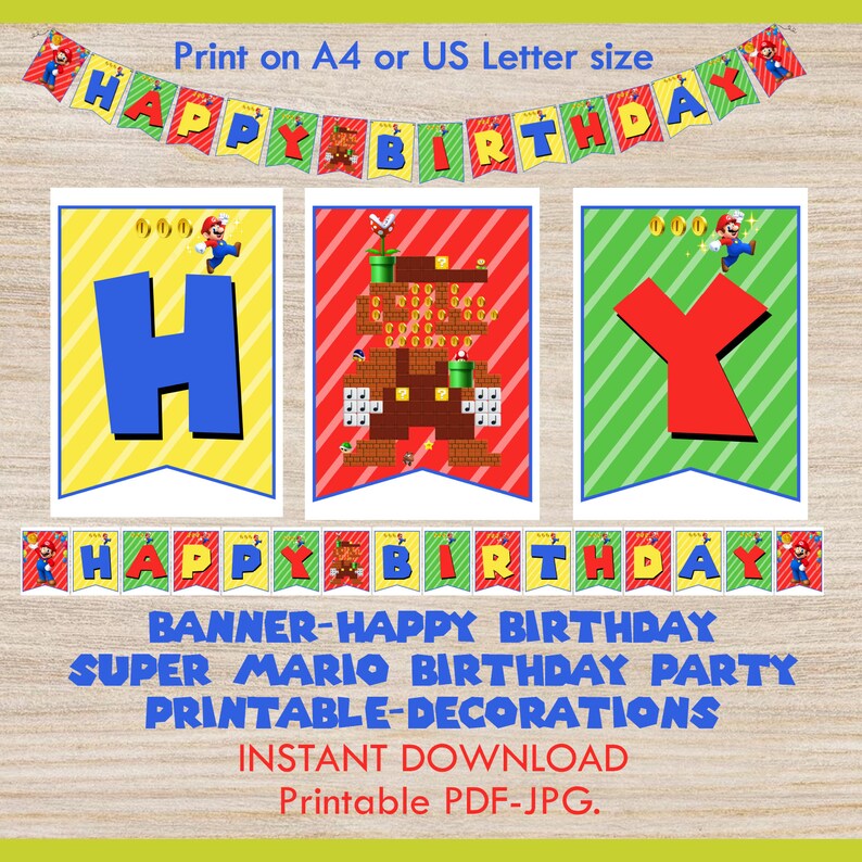 Banner Happy Birthday Super Mario Birthday Party Printable Instant Download Printable PDF JPG ...