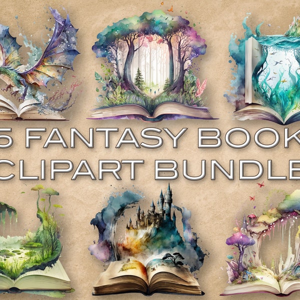 25 PNG Watercolor Fantasy Books Clipart, Book shop clipart, fantasy scrapbooking, Open book clipart, magic books, fairytale, commercial use