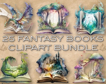 25 PNG Aquarell Fantasy Bücher Clipart, Buchladen Clipart, Fantasy Scrapbooking, Clip Art offenes Buch, magische Bücher, Märchen, kommerzielle Nutzung