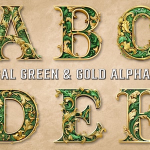 Pacote de clipart do alfabeto Regal Green & Gold, letras Art Nouvea, uso comercial, alfabeto inglês completo