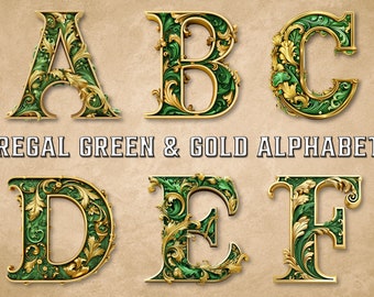 Regal Green & Gold Alphabet Clipart Bundle, Jugendstil Buchstaben, kommerzielle Nutzung, vollständiges englisches Alphabet