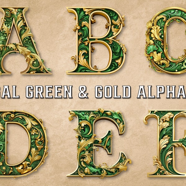 Regal Green & Gold Alphabet Clipart Bundle, Art Nouvea letters, commercial use, Full English Alphabet