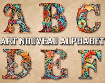 Jugendstil Alphabet Clipart Bundle, beleuchtete Initialen, englisches Alphabet, Jugendstil Buchstaben, kommerzielle Nutzung