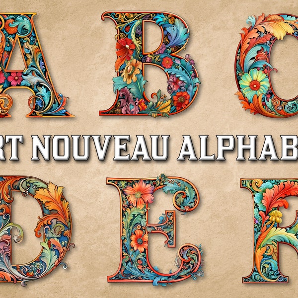 Bundle de cliparts alphabet Art nouveau, initiales lumineuses, alphabet anglais complet, lettres art nouveau, usage commercial