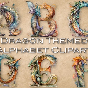 Clipart de alfabeto com tema de dragão, aquarela, impressão digital, adesivos, álbum de recortes, diário de lixo, artesanato em papel, letras de fantasia