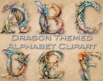 Drache Alphabet Clipart, Aquarell, Digitaldruck, Aufkleber, Scrapbook, Junk Journal, Papierhandwerk, Fantasy Lettering