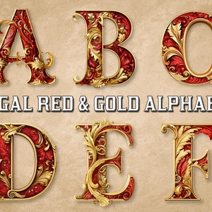Pacchetto clipart alfabeto rosso e oro regale, lettere Art Nouvea, uso commerciale, alfabeto inglese completo