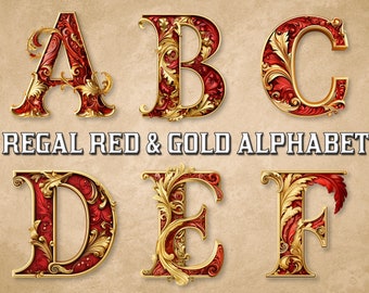 Regal Red & Gold Alphabet Clipart Bundle, Art Nouvea letters, commercial use, Full English Alphabet