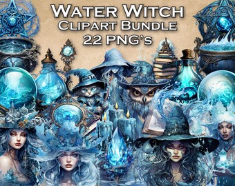 Wasser Hexe Clipart Bundle, Magie kommerzielle Nutzung Clip Art, 22 PNG Wasser Hexe Thema Illustrationen