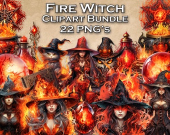 Feuer Hexe Clipart-Set, rote Hexe Clipart, kommerzielle Nutzung ClipArt, 22 PNG Hexe Thema Illustrationen,