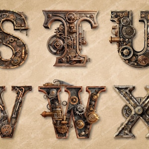 Może przedstawiać: Sześć liter alfabetu, S, T, U, V, W i X, wykonane jest z metalowych k&oacute;ł zębatych, zęb&oacute;w i innych element&oacute;w w stylu steampunk. Litery są ułożone w dw&oacute;ch rzędach po trzy litery, na brązowym tle.