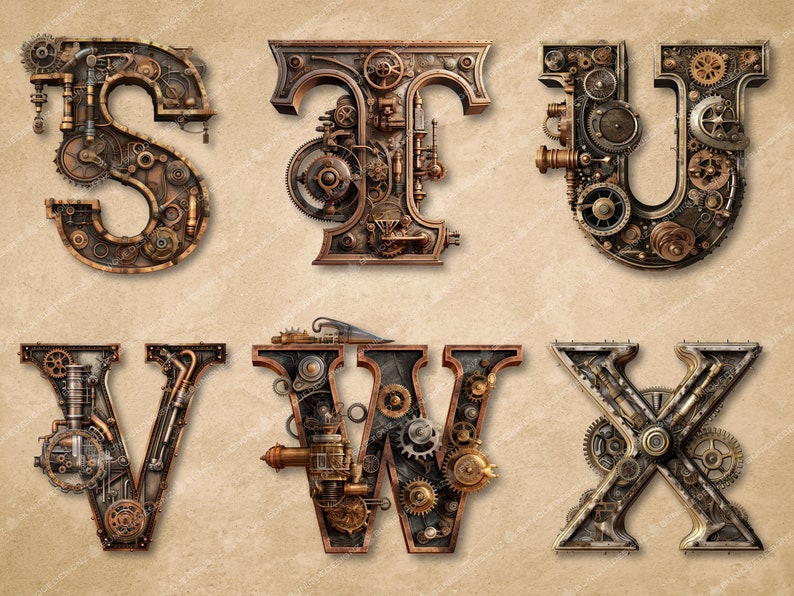 Może przedstawiać: Sześć liter alfabetu, S, T, U, V, W i X, wykonane jest z metalowych k&oacute;ł zębatych, zęb&oacute;w i innych element&oacute;w w stylu steampunk. Litery są ułożone w dw&oacute;ch rzędach po trzy litery, na brązowym tle.