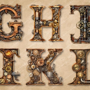 Może przedstawiać: Sześć liter alfabetu, G, H, I, J, K i L, wykonane jest z metalowych k&oacute;ł zębatych i innych element&oacute;w w stylu steampunk. Litery są ułożone w dw&oacute;ch rzędach po trzy litery.