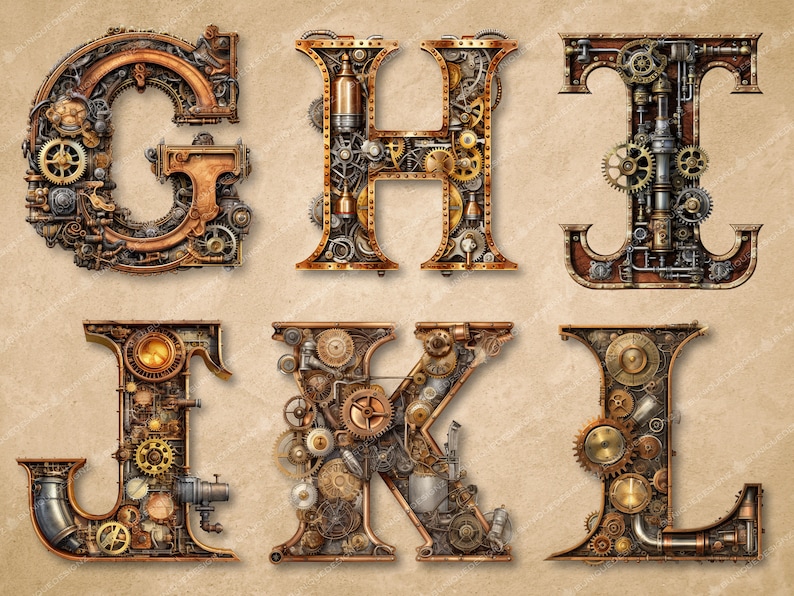 Może przedstawiać: Sześć liter alfabetu, G, H, I, J, K i L, wykonane jest z metalowych k&oacute;ł zębatych i innych element&oacute;w w stylu steampunk. Litery są ułożone w dw&oacute;ch rzędach po trzy litery.