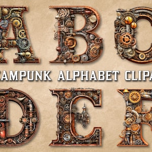 Puede incluir: Un conjunto de seis letras del alfabeto A, B, C, D, E y F, hechas de engranajes y piñones de metal en estilo steampunk. Las letras son de color marrón oxidado con detalles dorados.