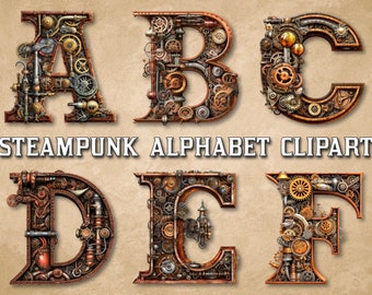 Steampunk Alphabet Clipart, Digitaldruck, Scrapbook, Junk Journal, Papierhandwerk, Fantasy Lettering, Steampunk Typografie, Schrift