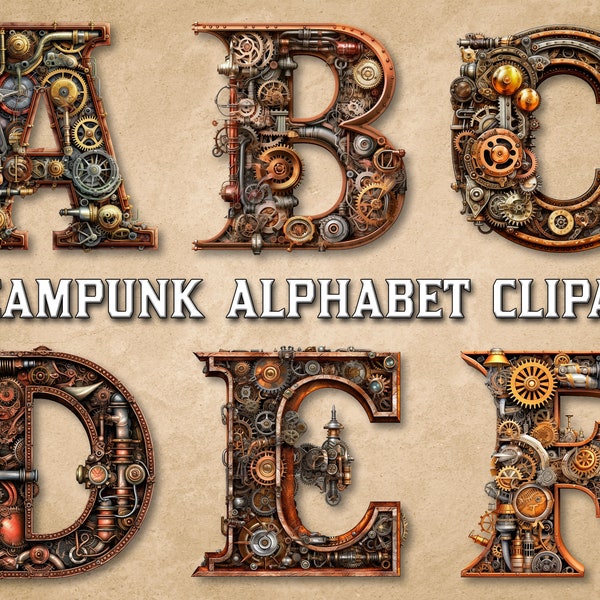 Steampunk Themed Alphabet Clipart, Digital print, scrapbook, junk journal, paper crafts, fantasy lettering, Steampunk typography, font