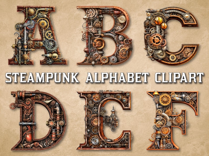 Może przedstawiać: Zestaw sześciu liter alfabetu A, B, C, D, E i F, wykonanych z metalowych k&oacute;ł zębatych i zębatek w stylu steampunk. Litery są w kolorze rdzawego brązu z złotymi akcentami.